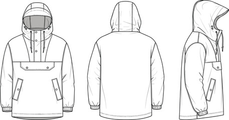 Technical fashion of a hooded anorak jacket with pockets on white background hoodie © Mst