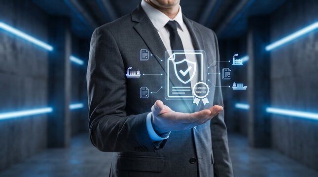 Businessman holding digital quality assurance hologram. Professional checking compliance data.