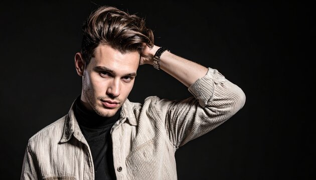Stylish young man showing modern hairstyle on black background with dramatic lighting, men fashion portrait
