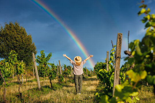 Happy woman farmer enjoying working in vineyard with rainbow on sky after summer rain
