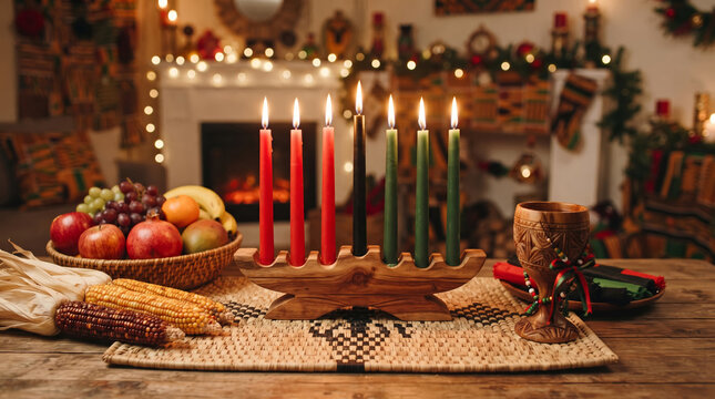 Kwanzaa Kinara Candles with Fruit Corn and Fireplace Decoration