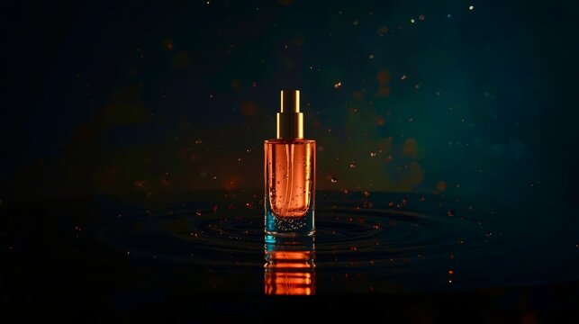 Golden bottle glows softly in dark liquid