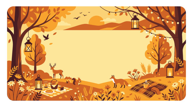 Autumn forest landscape with camping setup and wildlife.
