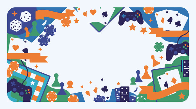 Colorful flat border with board game and video game elements.