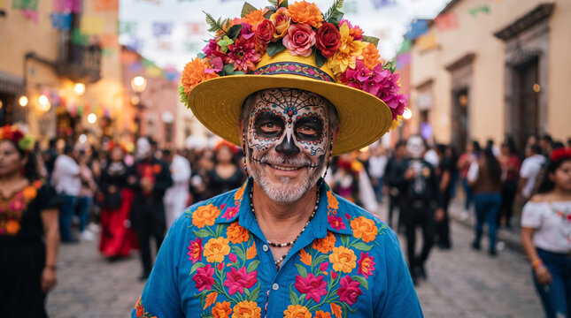 Man with Sugar Skull Face Paint and Flower Hat at Mexican Festival