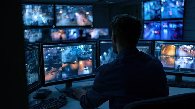 Security or surveillance operator monitoring multiple screens in a high-tech control room