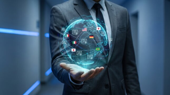 Businessman holding holographic globe. Digital earth projection for global business network.
