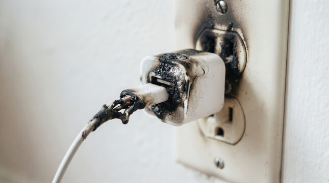 Melted phone charger adapter and burnt wall socket showing dangerous home electrical fire hazard