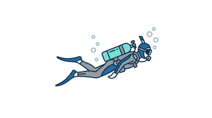 Illustrated scuba diver exploring underwater with gear. © Wannaki