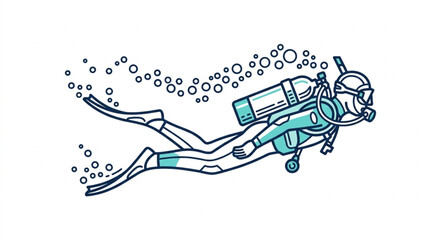 Illustrated scuba diver exploring underwater with gear. © Wannaki