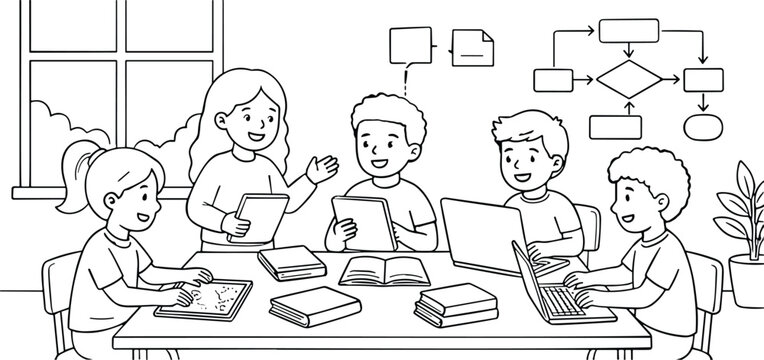 Children studying technology kids coding laptops tablets flowchart classroom group project line art vector illustration collection.
