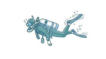 Illustrated scuba diver exploring underwater world. © Wannaki