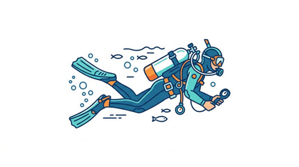 Illustrated scuba diver exploring underwater world. © Wannaki