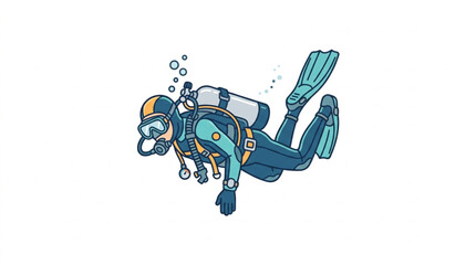 Illustrated scuba diver exploring underwater world. © Wannaki