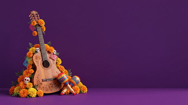 Mexican Guitar with Sugar Skulls Maracas and Marigold Flowers on Purple