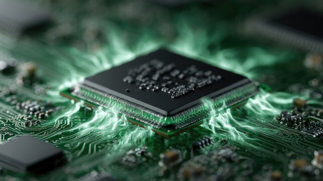 Microprocessor Chip Connected to Green Electronic Circuit Board with Electrical Pathways