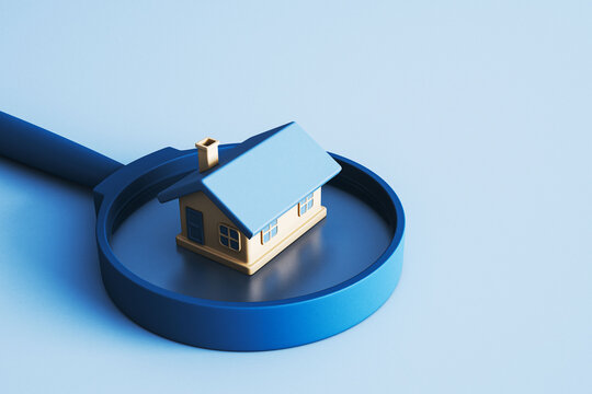 Small house model secured within a circular blue platform, symbolizing home protection, property insurance, safety, and residential security concept. 3D Rendering