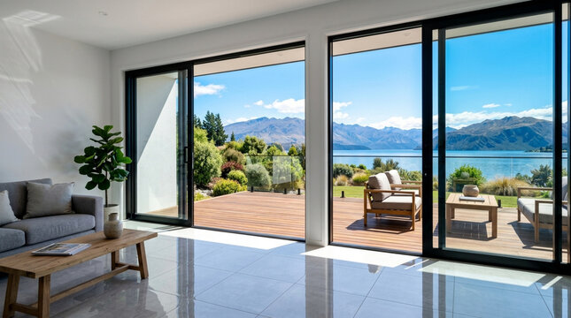 Modern Living Room with Lake and Mountain View, Slider Doors to Deck