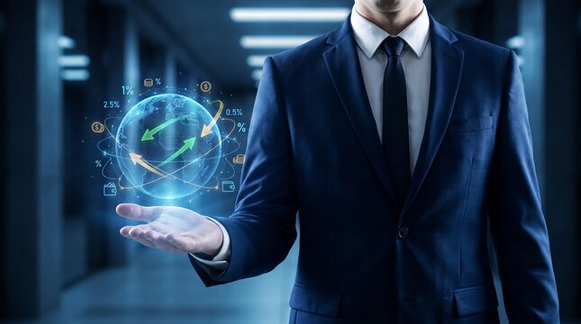 Businessman presenting digital globe hologram. Executive showing futuristic data analytics.