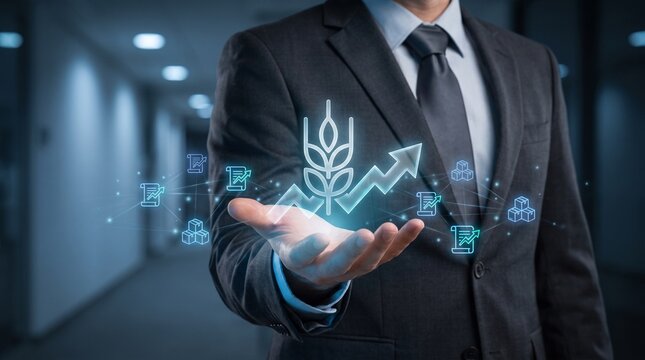 Businessman holding digital commodity market chart. Financial expert analyzing wheat trade data.