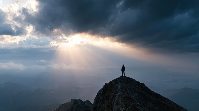 Lone individual standing on mountain summit under dramatic sky with sunlight rays