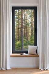 Fototapeta premium Window view of a cozy interior nook with white curtains and a book by pine forest