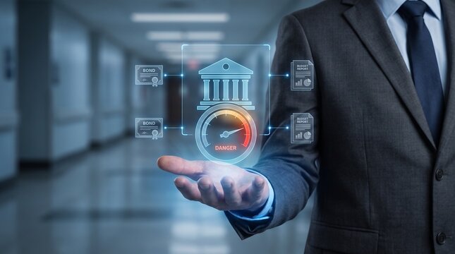 Businessman holding digital banking hologram. Finance professional using fintech interface.