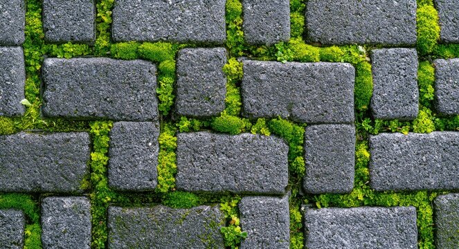 Textured stone pavers with vibrant green moss growing between them
