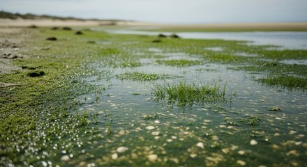 Fototapeta premium Coastal Intertidal Zone Vegetation Algae and Grass Flourishing Amidst Tidal Pools and Sandy Shoreline Under a Softly Blurred Sky Capturing Nature's Resilience and Aquatic Ecosystem Dynamics