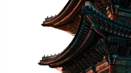 Obraz premium Traditional Asian temple roof with ornate detail and vibrant colors against bright sky