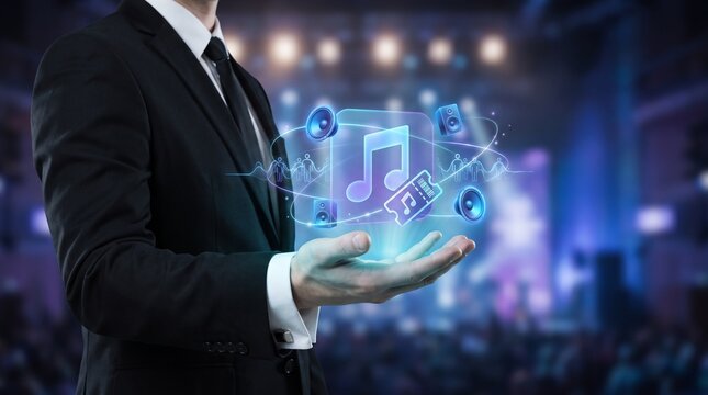 Businessman holding glowing music hologram. Digital audio technology and entertainment concept.
