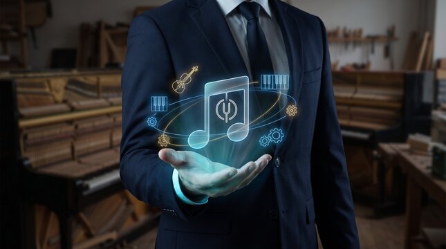 Businessman holding a holographic music note. Digital audio technology and sound innovation.