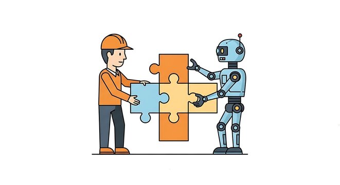 Worker in an orange safety helmet and a light blue robot assembling jigsaw puzzle pieces. Human-AI collaboration concept on a clean white background.