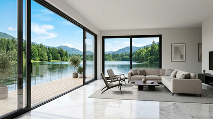 Fototapeta premium Modern living room with lake view, large windows, comfortable sofa, nature landscape