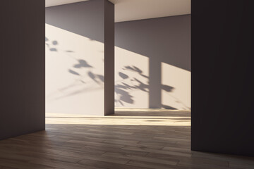 Obraz premium Minimalist architectural interior with warm sunlight, geometric columns, wooden floor, and organic foliage shadows creating a calm background. 3D Rendering