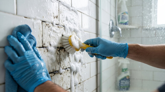 Person in rubber gloves scrubbing mold and dirt from bathroom shower wall tiles with brush and foam