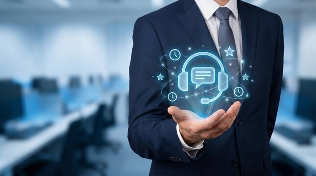 Businessman holding holographic customer support icon. Digital service concept in office.