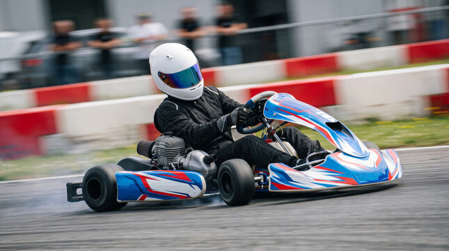 Professional karter drifting on asphalt circuit track with tire smoke and audience blur background