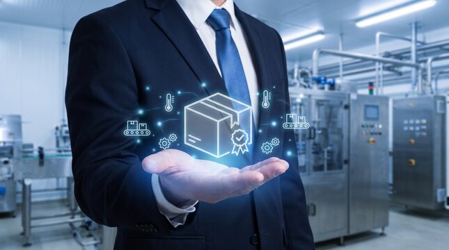 Business executive holding futuristic digital cloud hologram. Professional leader managing data technology with augmented reality interface.