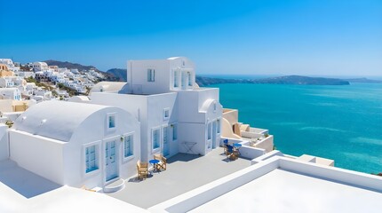 Obraz premium Breathtaking white Cycladic villas overlooking an endless turquoise Aegean Sea, with sunlit terraces and sculptural domes capturing the luxurious calm and timeless beauty of Mediterranean Greek island