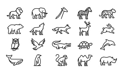 Obraz premium Diverse Animal Outline Icon Set with Editable Stroke Minimal Wildlife Vector Collection
