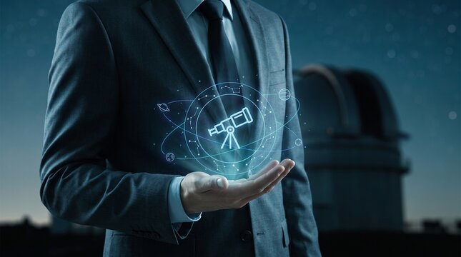 Businessman holding holographic telescope. Futuristic astronomy concept with digital data.