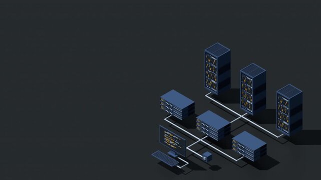 3D isometric monitoring big data storage animation. Data transmission technology. Online hosting technology concept. Isometric technology. 4K video animated in isometric style