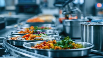 Obraz premium Commercial Kitchen Food Preparation Line with Fresh Ingredients and Cooking Equipment