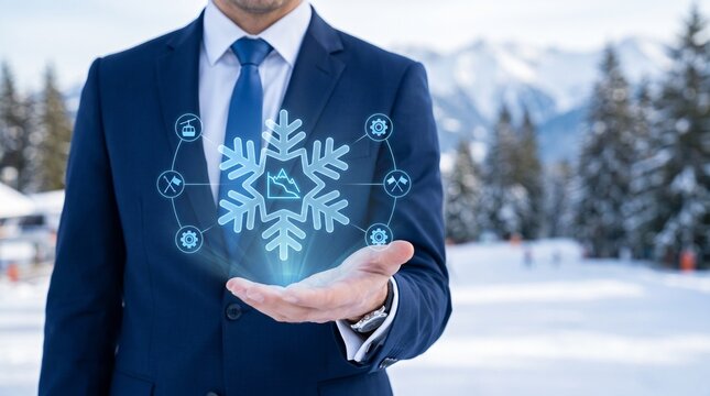 Businessman presenting digital ski resort data. Manager showing virtual winter tourism tech.
