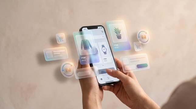 Hands holding smartphone displaying shopping app interface with floating product cards and payment options