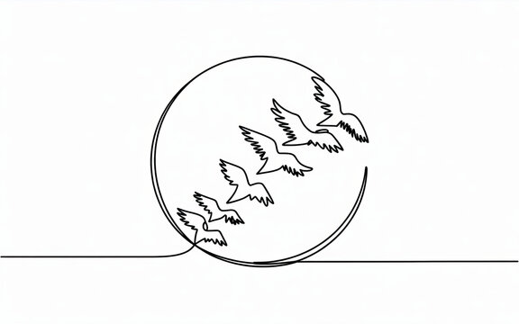 Flock of birds soaring freely around a circular horizon, symbolizing hope and freedom.