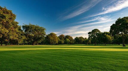 Fototapeta premium Lush green park landscape at sunset. Scenic nature view with trees and blue sky.