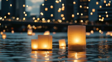 Floating lanterns on water during Asian festival night, serene atmosphere © dvoevnore
