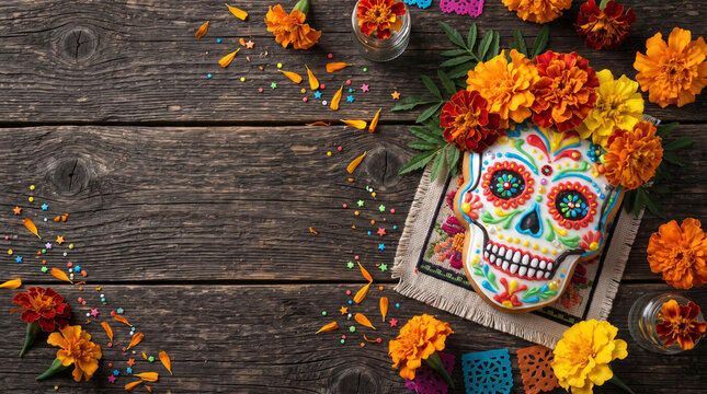 Sugar Skull Cookie Decorated with Marigold Flowers and Copy Space on Dark Wooden Background